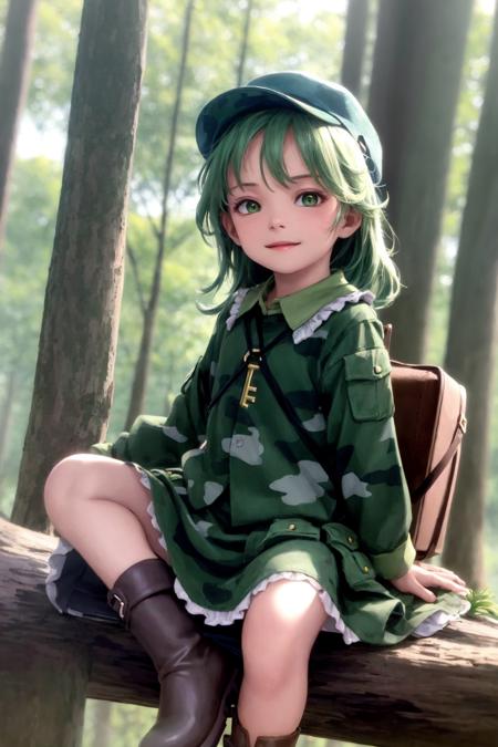 02371-2754429872-masterpiece, best quality,  _lora_YamashiroTakane_1_,_1girl, green hair, solo, hat, nature, forest, boots, camouflage, skirt, tr.png